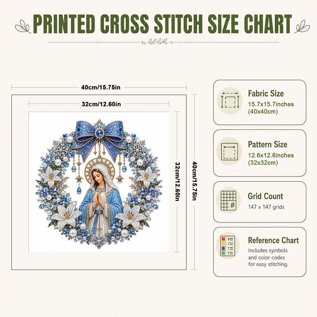 Blue Wreath Virgin Mary - Full 14CT Stamped Cross Stitch 40x40CM - Huacan