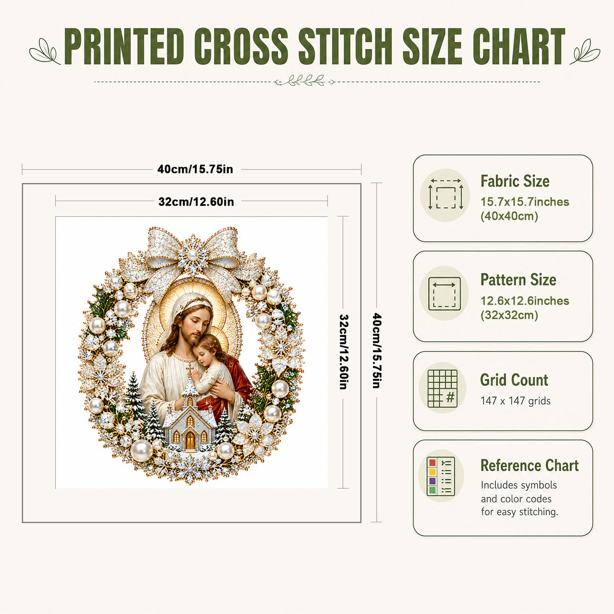 Goldener Kranz Madonna mit Kind – Vollständiges 14CT gestempeltes Kreuzstich-Set 40x40CM – Huacan