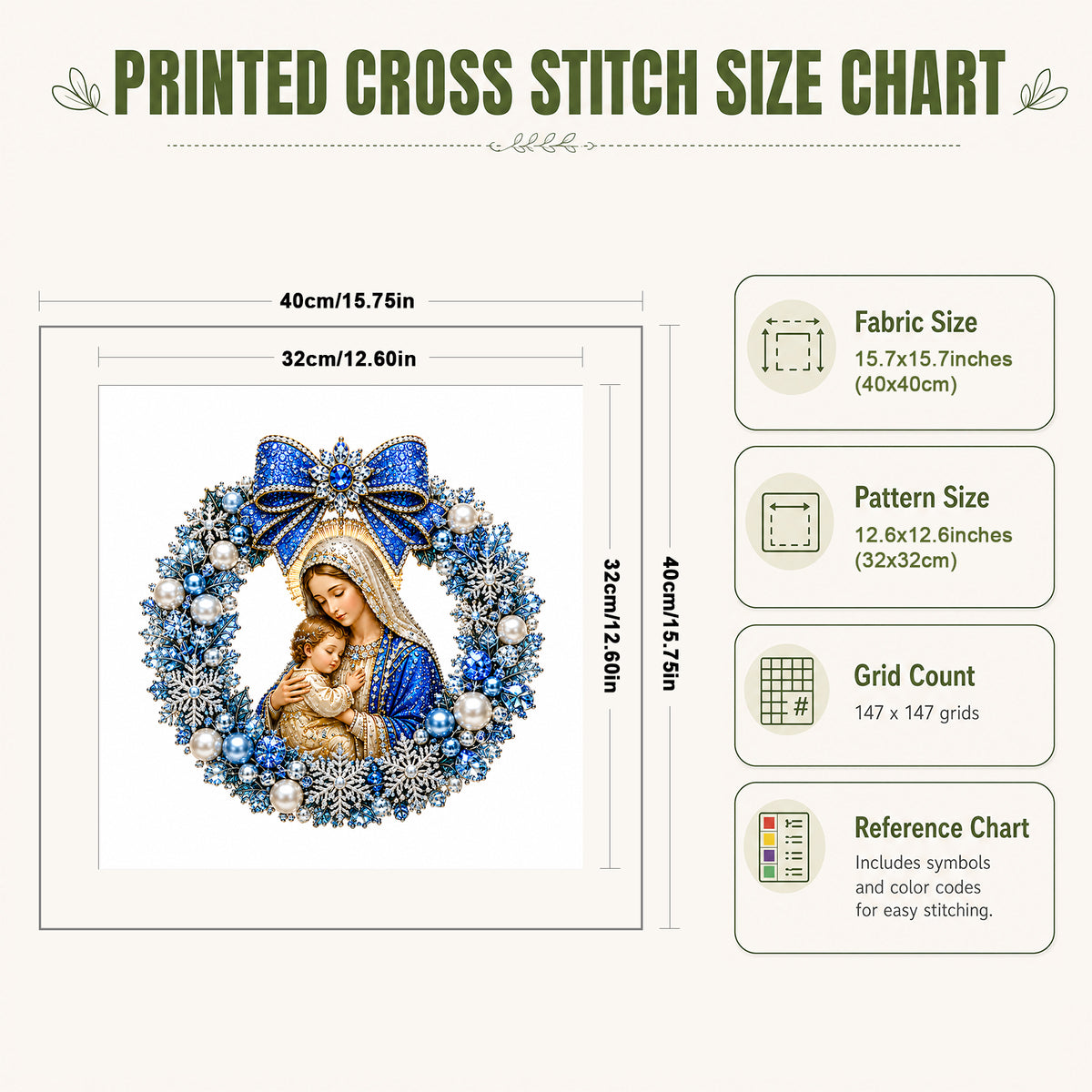 Blue Flower Wreath Madonna And Child - Full 14CT Stamped Cross Stitch 40x40CM - Huacan