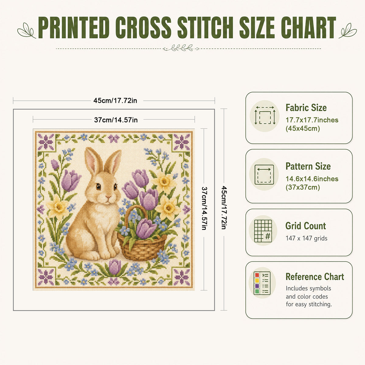 Basket Rabbit - Full 11CT Stamped Cross Stitch 45x45CM - Yishu