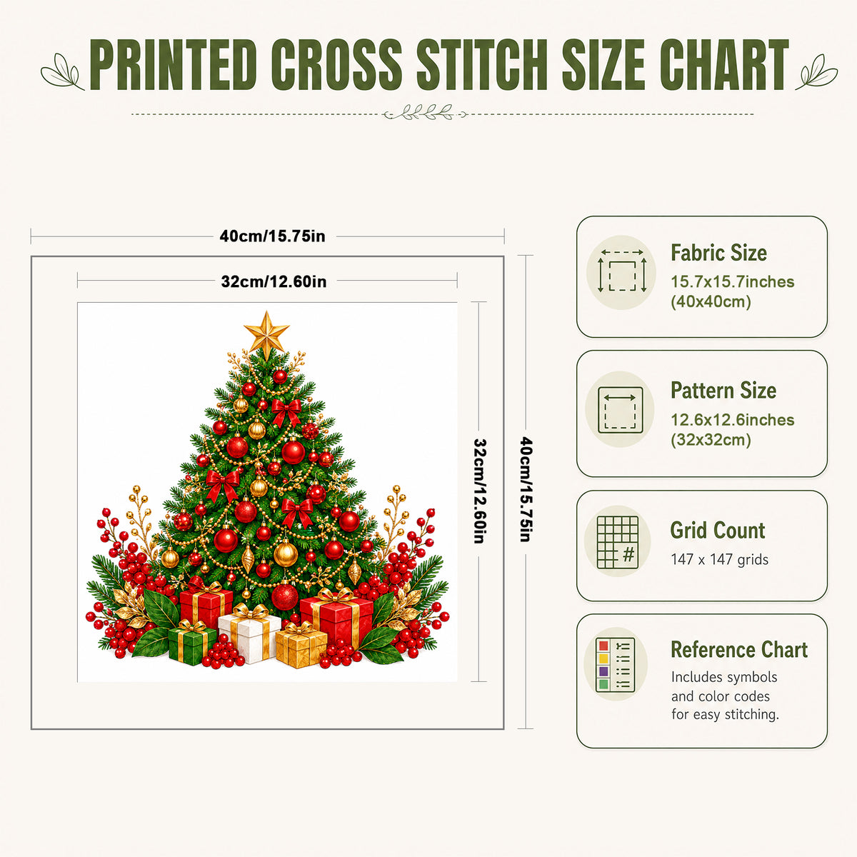 Geschmückter Weihnachtsbaum – Vollständiges 11CT Stanz-Kreuzstich-Set 40x40 cm – Huacan