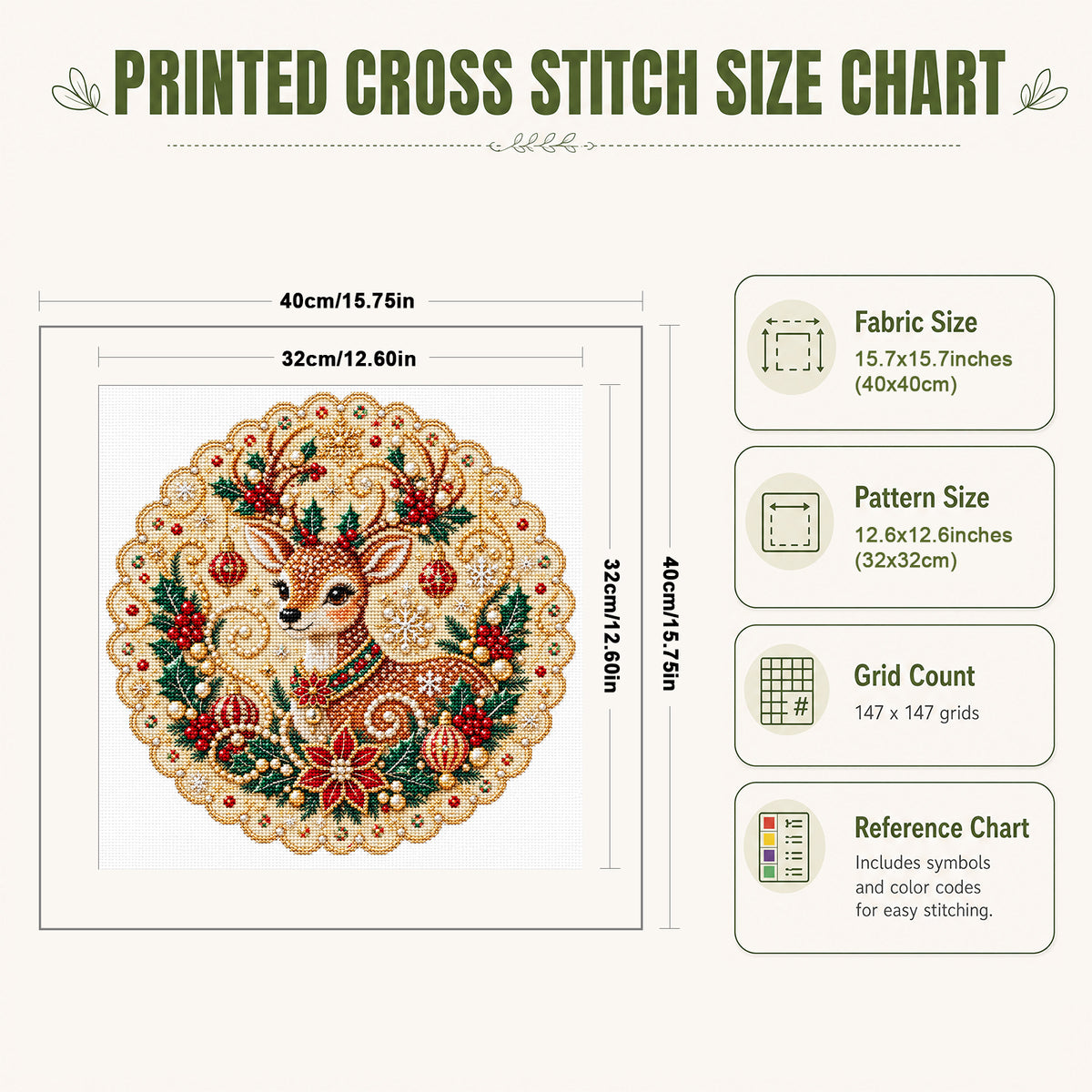 Christmas Reindeer - Full 14CT Stamped Cross Stitch 40x40CM - Huacan