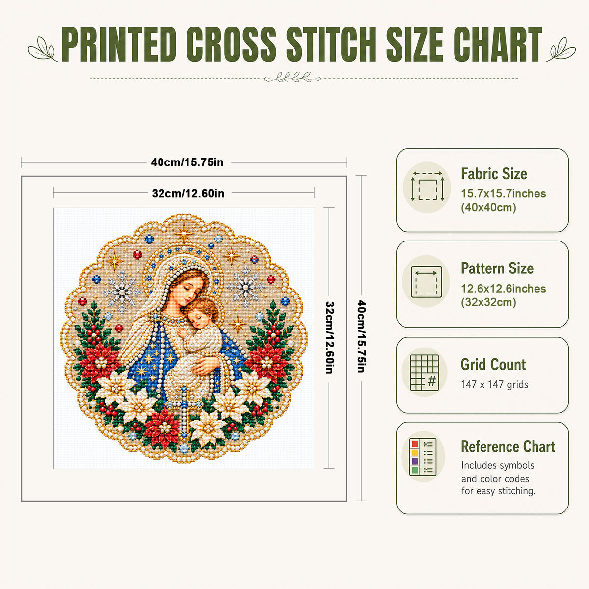 Madonna und Kind – Vollständiges 14CT gestempeltes Kreuzstich-Set 40x40CM – Huacan