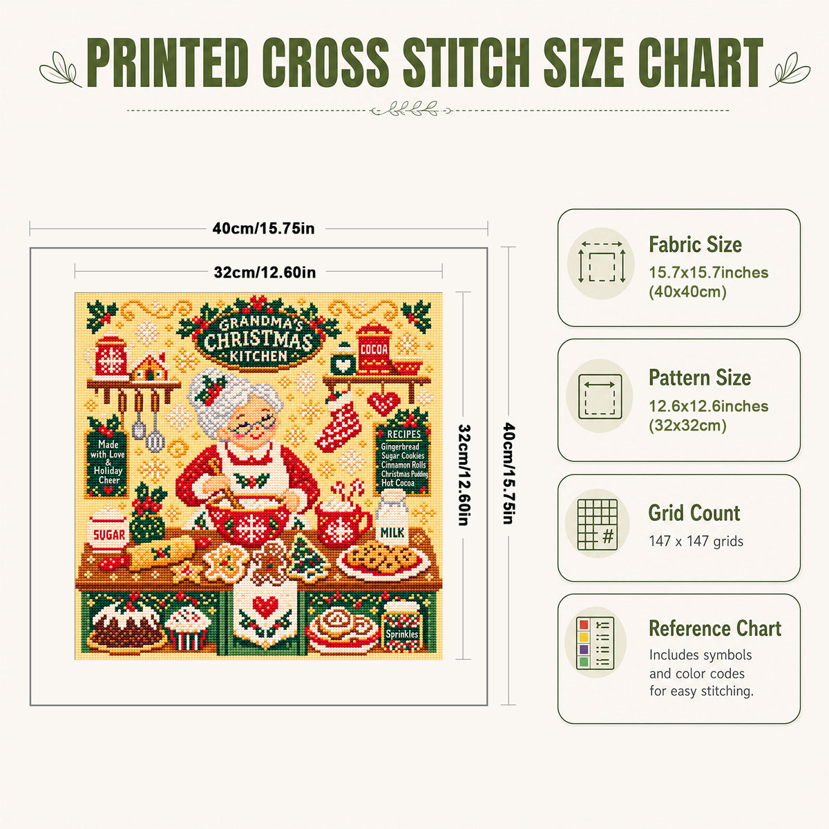 Christmas Grandma Baking Kitchen - Full 14CT Stamped Cross Stitch 40x40CM - Huacan