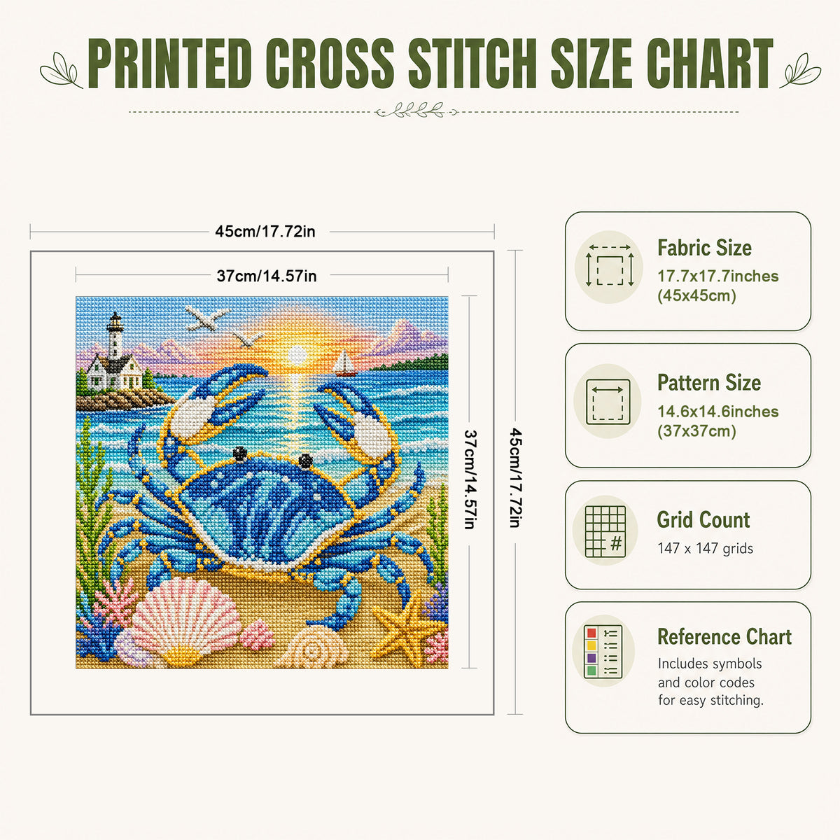 Blue Crab Beach - Full 11CT Stamped Cross Stitch 45x45CM - Huacan