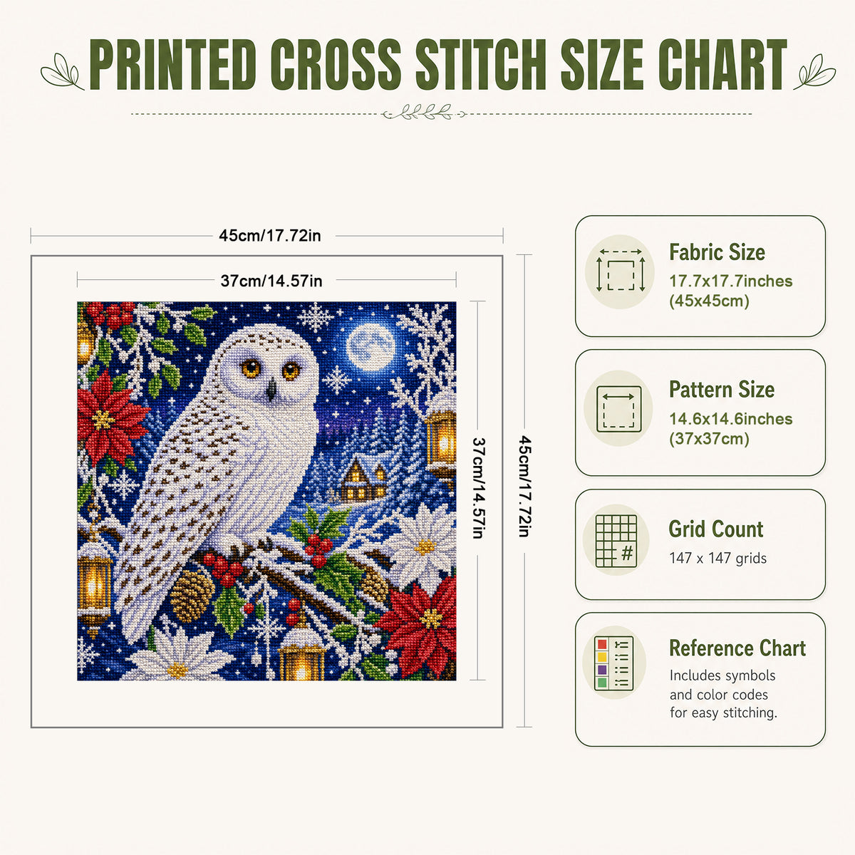 Snowy White Owl - Full 14CT Stamped Cross Stitch 45x45CM - Huacan
