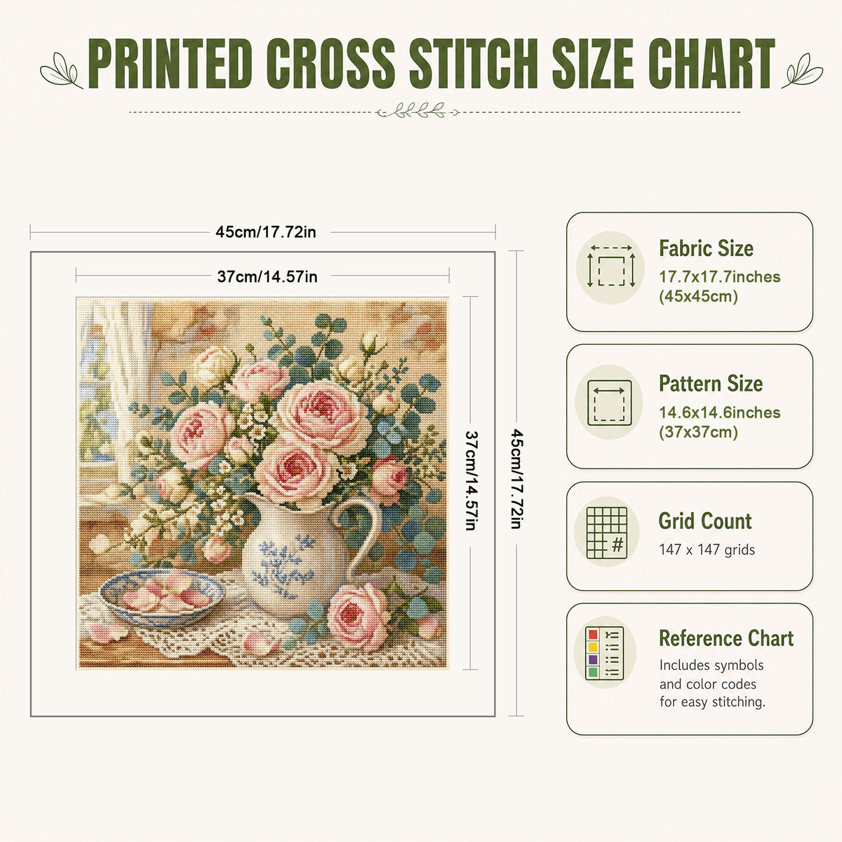 Elegant Pink Roses - Full 11CT Stamped Cross Stitch 45x45CM - Huacan