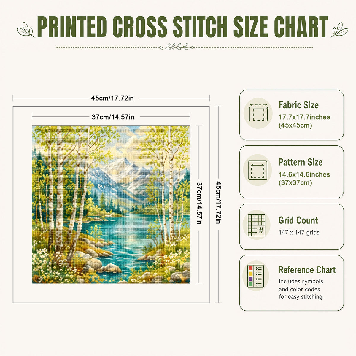 Mountain Lake And Birch Forest - Full 11CT Stamped Cross Stitch 45x45CM - Huacan