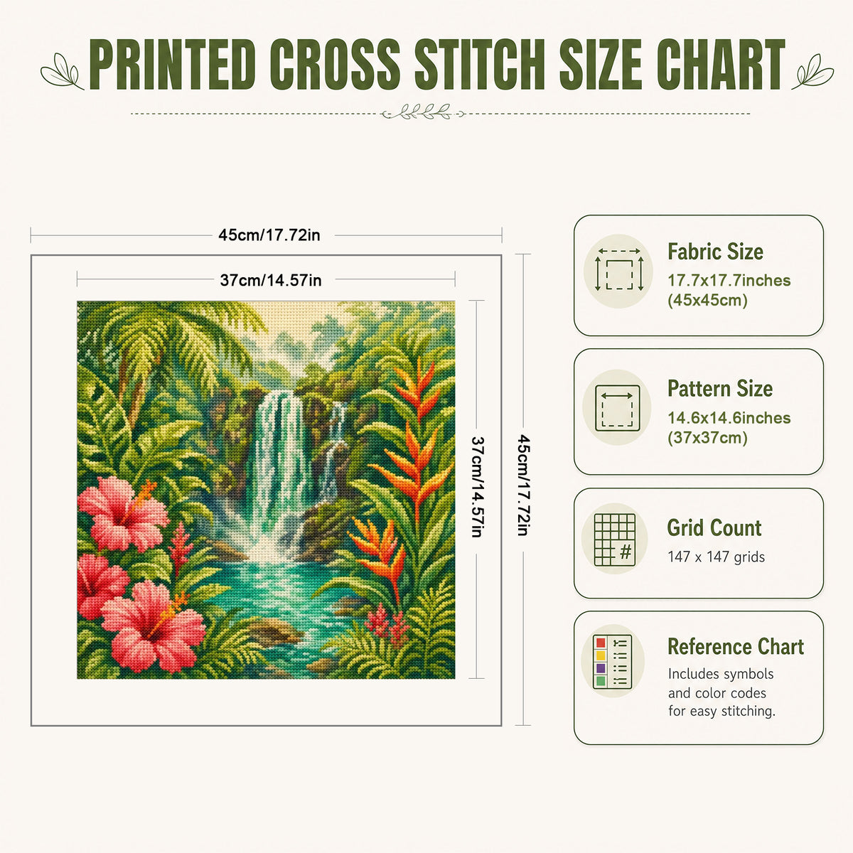 Rainforest Waterfall - Full 11CT Stamped Cross Stitch 45x45CM - Huacan