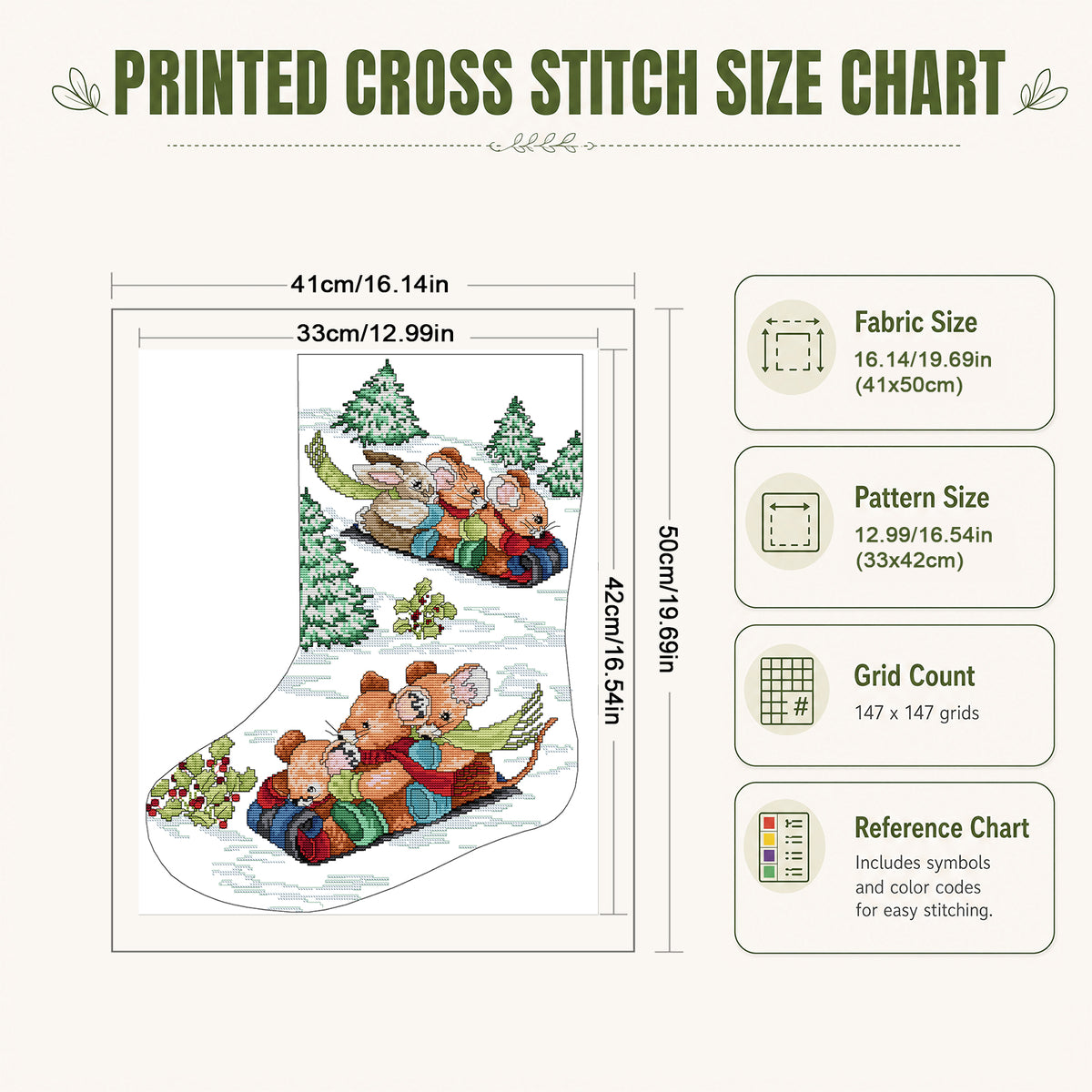 Weihnachtsstrumpf – Skifahrende Tiere – Teilweises 14CT Stempel-Kreuzstichset 41x50CM – Joy Sunday Rückstich + Halber Kreuzstich