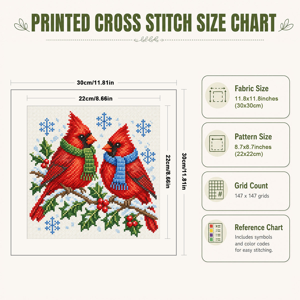 Winter-Sitzender Kardinalvogel – Vollständiges 14CT gestempeltes Kreuzstich-Set 30x30CM – Huacan