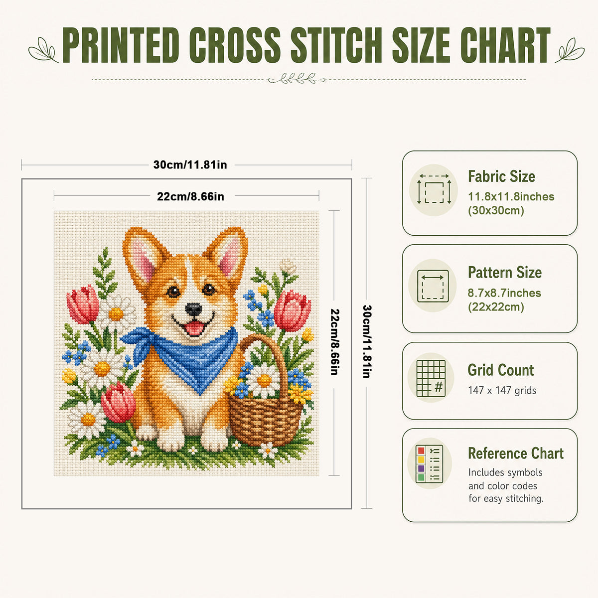 Springtime Corgi-Dog - Full 14CT Stamped Cross Stitch 30x30CM - Huacan