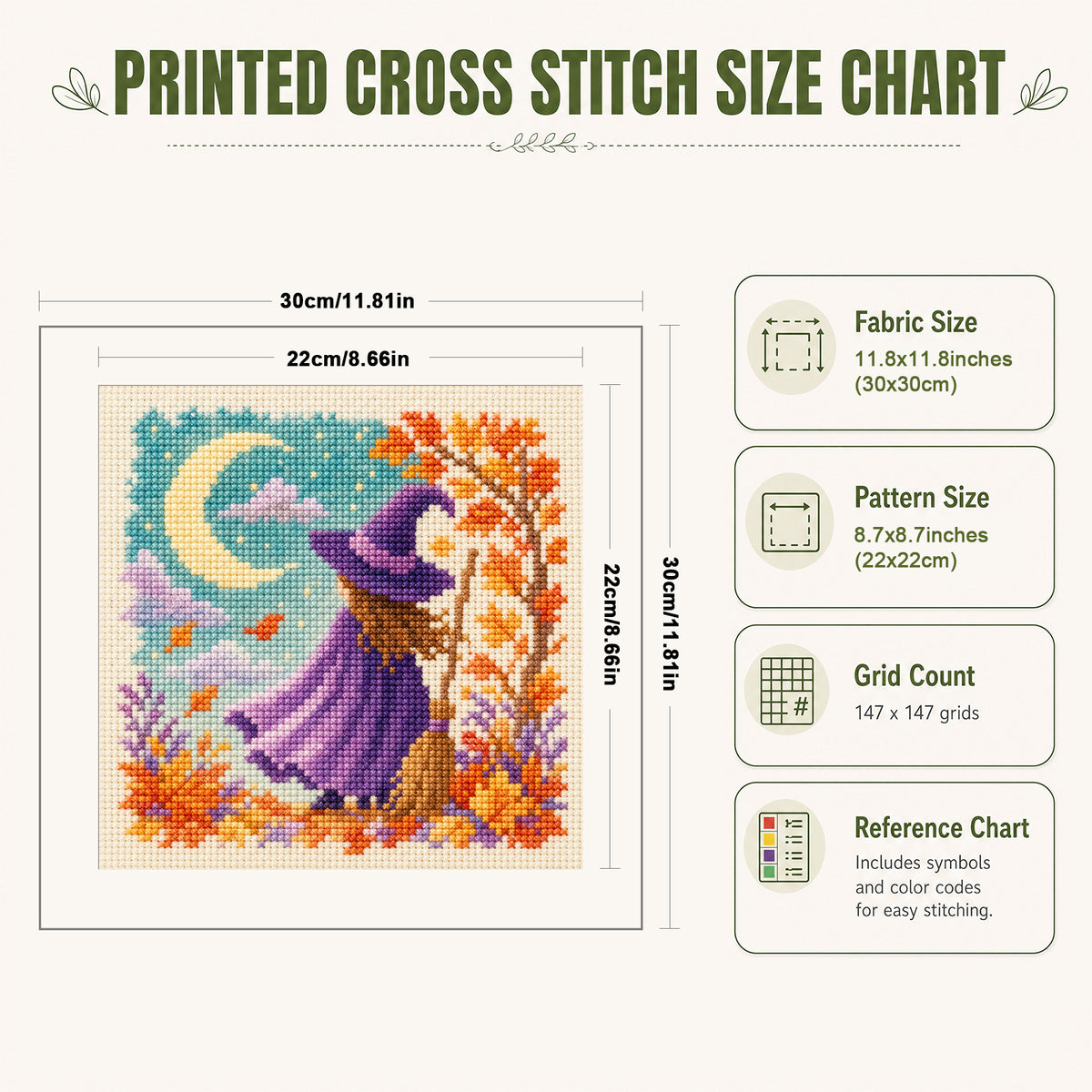 Moonlit Witch - Full 14CT Stamped Cross Stitch 30x30CM - Huacan