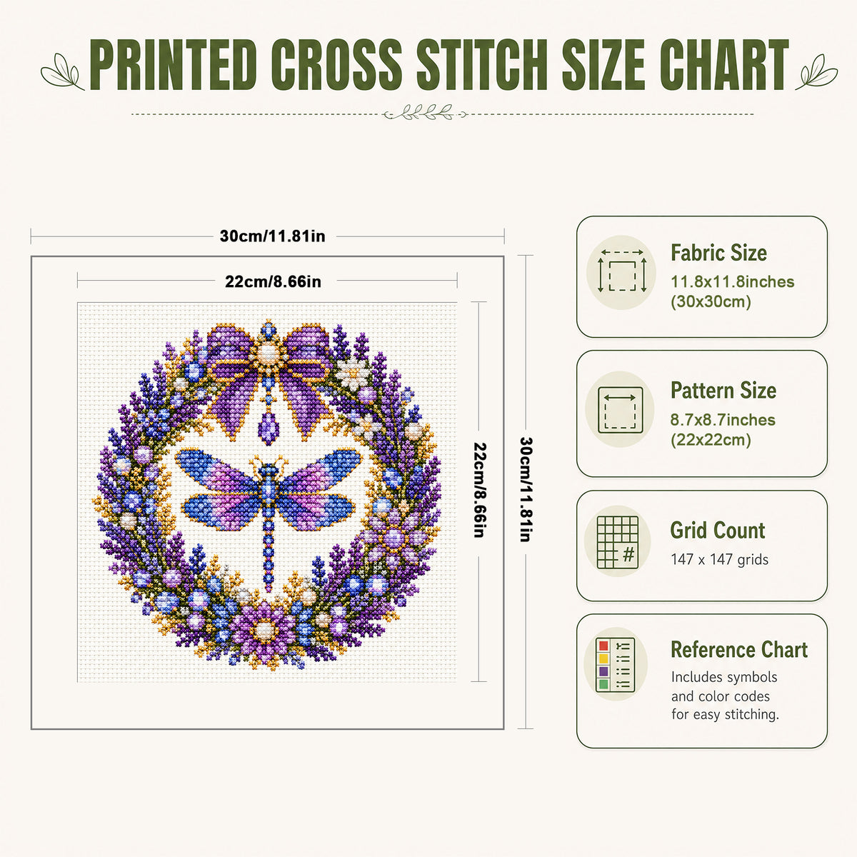 Lavender Dragonfly - Full 14CT Stamped Cross Stitch 30x30CM - Huacan