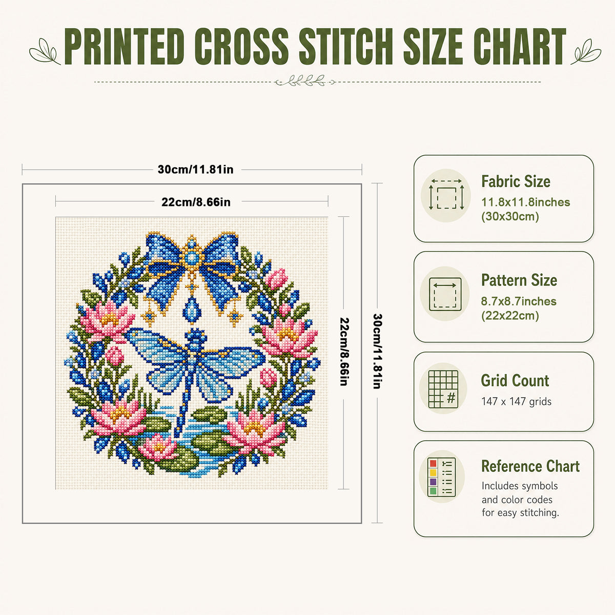 Lotus Dragonfly - Full 14CT Stamped Cross Stitch 30x30CM - Huacan