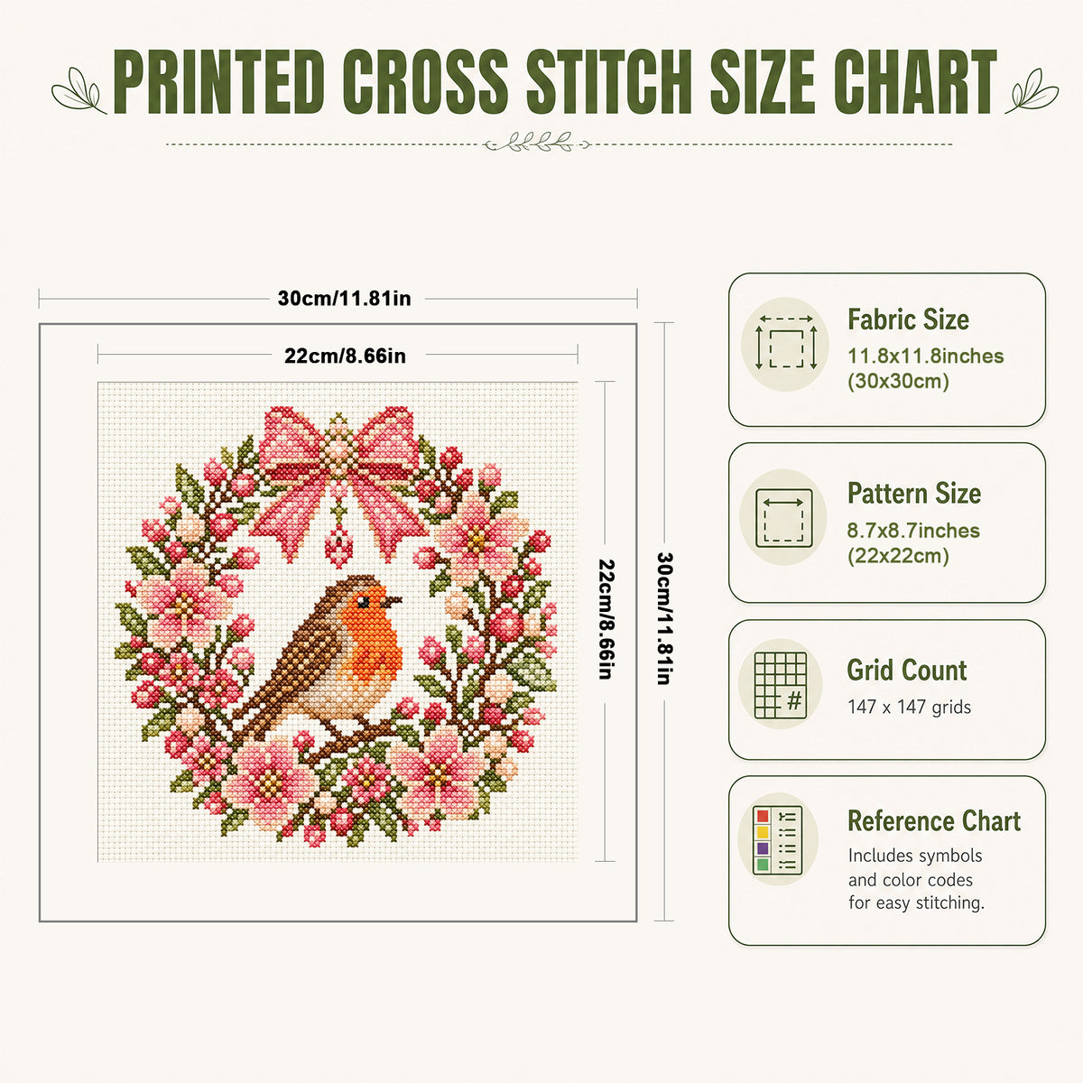Robin Wreath-Cat - Full 14CT Stamped Cross Stitch 30x30CM - Huacan