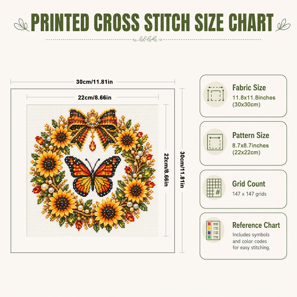 Monarch Wreath - Full 14CT Stamped Cross Stitch 30x30CM - Huacan