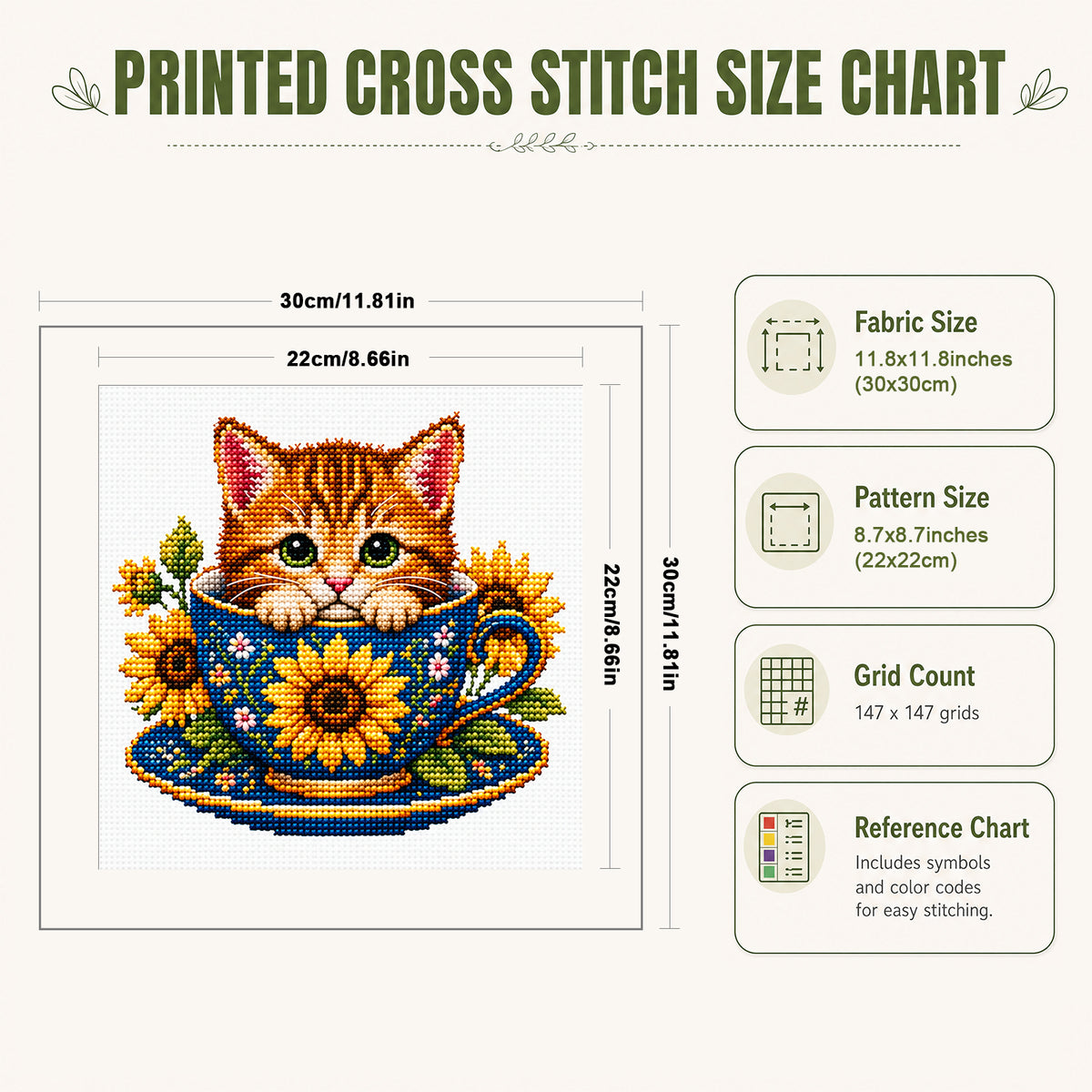 Sunflower Kitten-Cat - Full 14CT Stamped Cross Stitch 30x30CM - Huacan