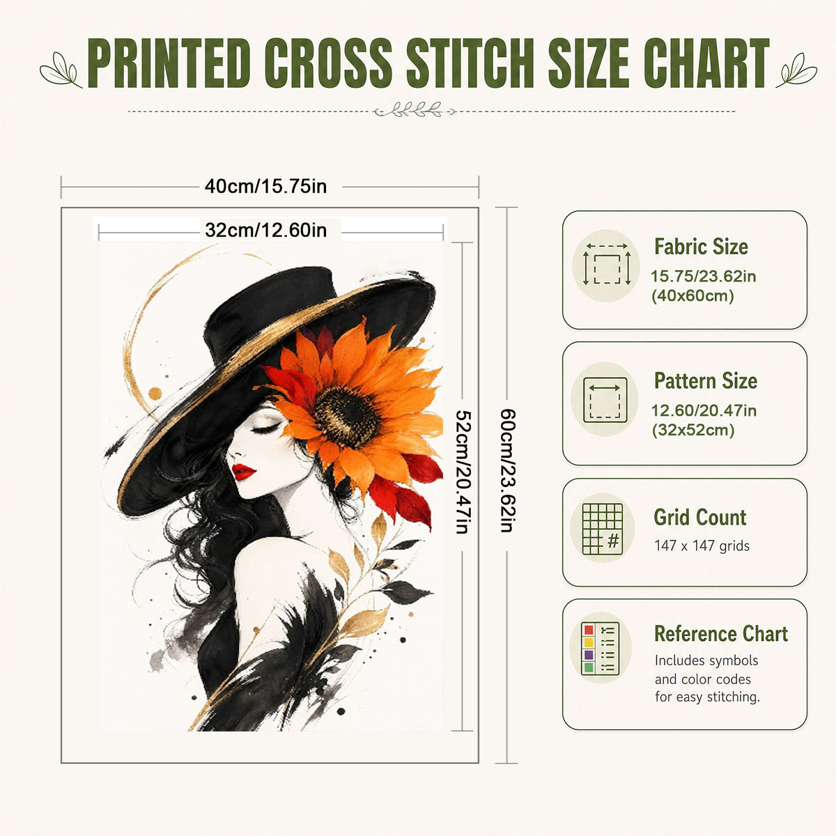 Lady With Sunflowers In A Black Hat - Full 11CT Stamped Cross Stitch 60x40CM - Huacan