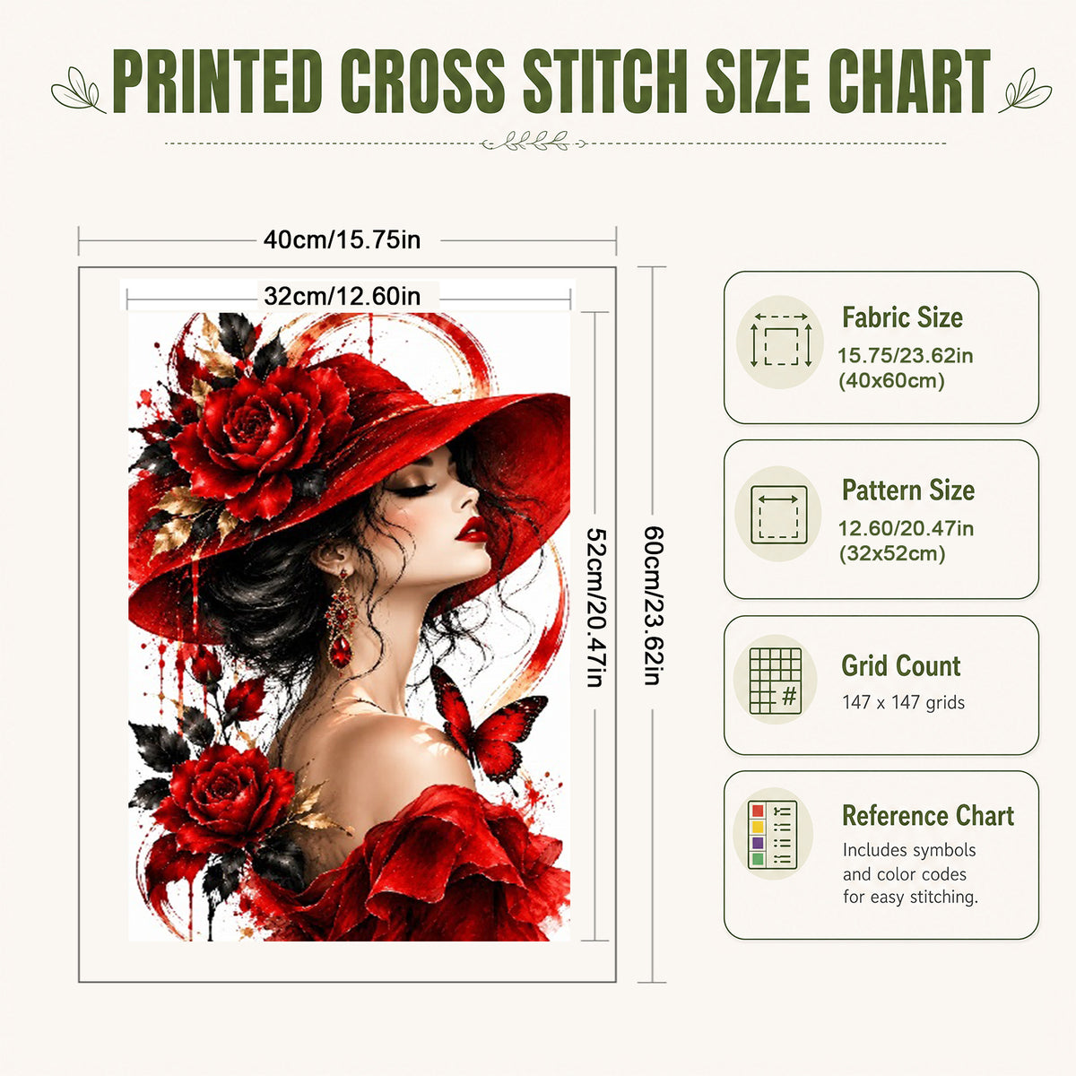 Dame mit rotem Hut und Rosen - Vollständiges 11CT Stempel-Kreuzstich-Set 60x40cm - Huacan
