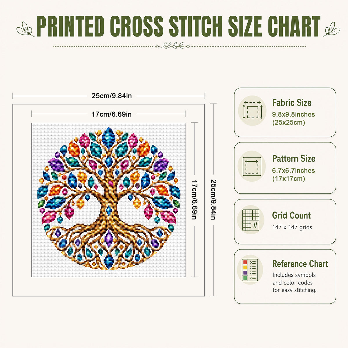 Teal Tree - Full Stamped Cross Stitch 25x25CM - Huacan
