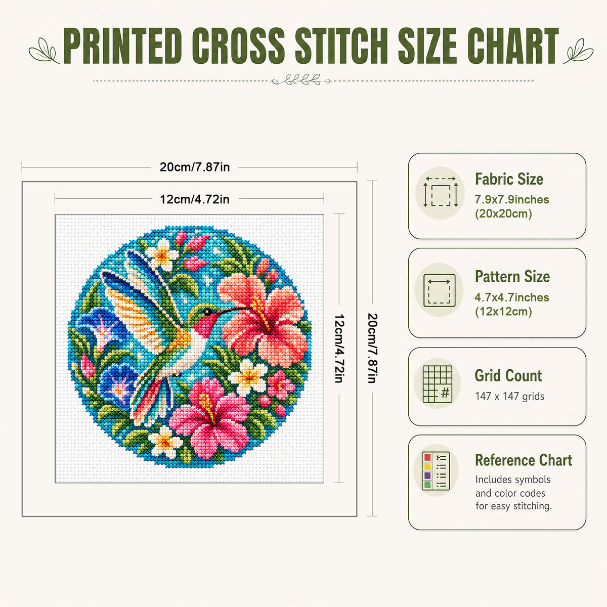Floral Hummingbird - Full Stamped Cross Stitch 20x20CM - Huacan