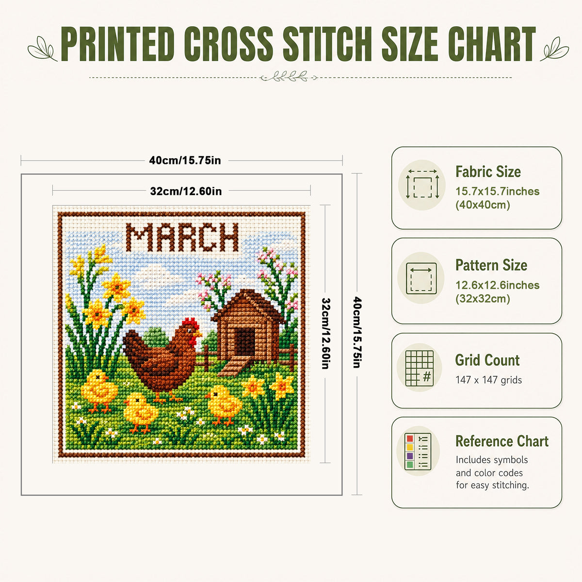 March Spring Chicks - Full 14CT Stamped Cross Stitch 40x40CM - Huacan
