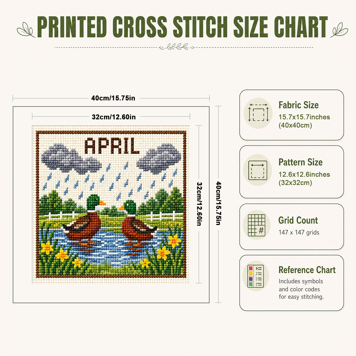 April Rainy Ducks - Full 14CT Stamped Cross Stitch 40x40CM - Huacan