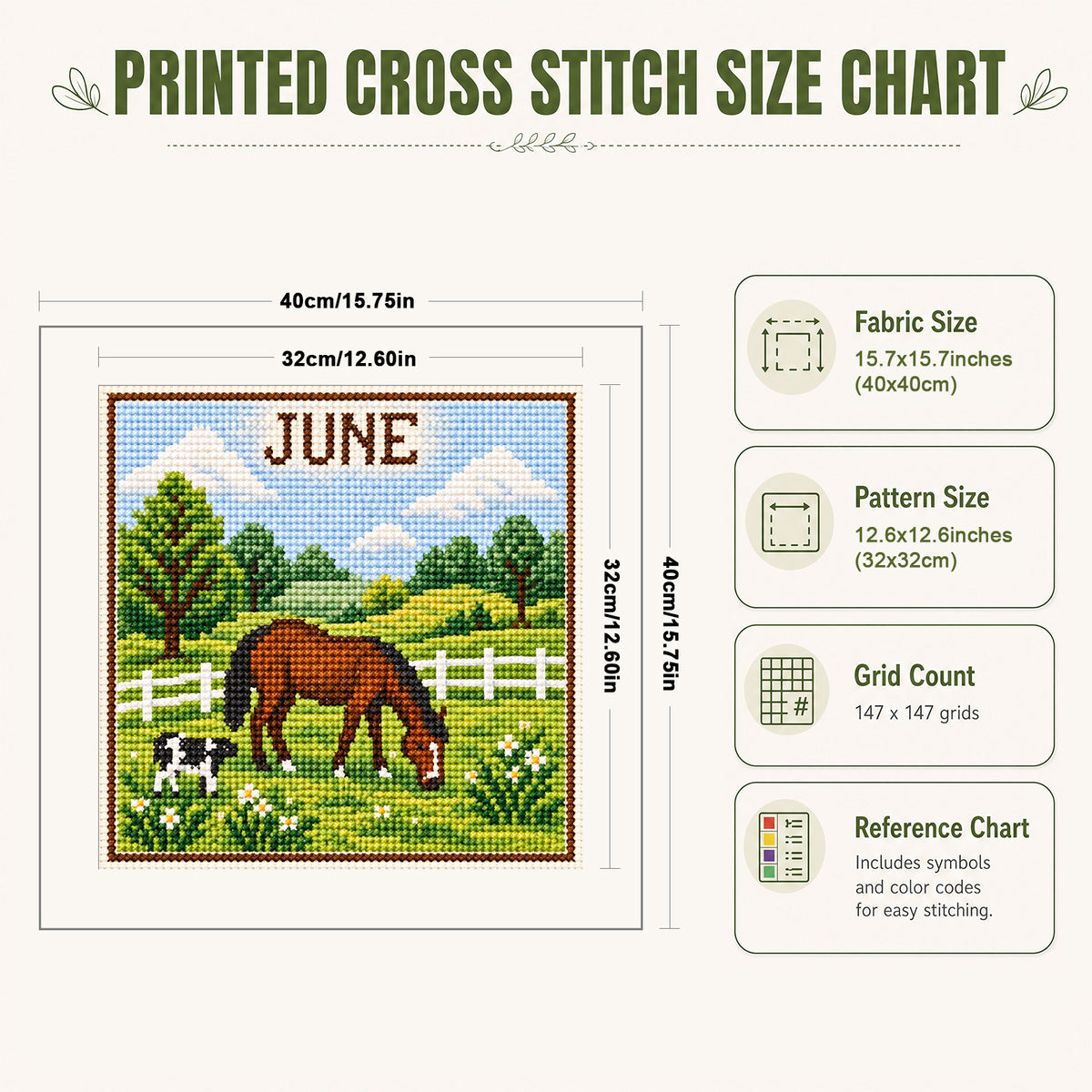 June Pasture Horses - Full 14CT Stamped Cross Stitch 40x40CM - Huacan