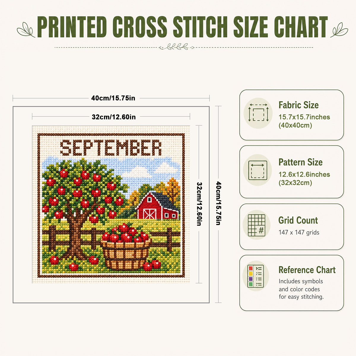 September Apple Harvest - Full 14CT Stamped Cross Stitch 40x40CM - Huacan