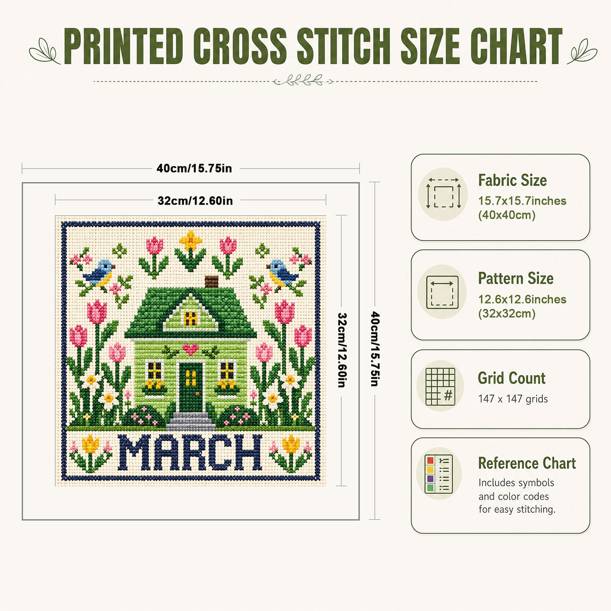 March Tulip Cottage - Full 14CT Stamped Cross Stitch 40x40CM - Huacan