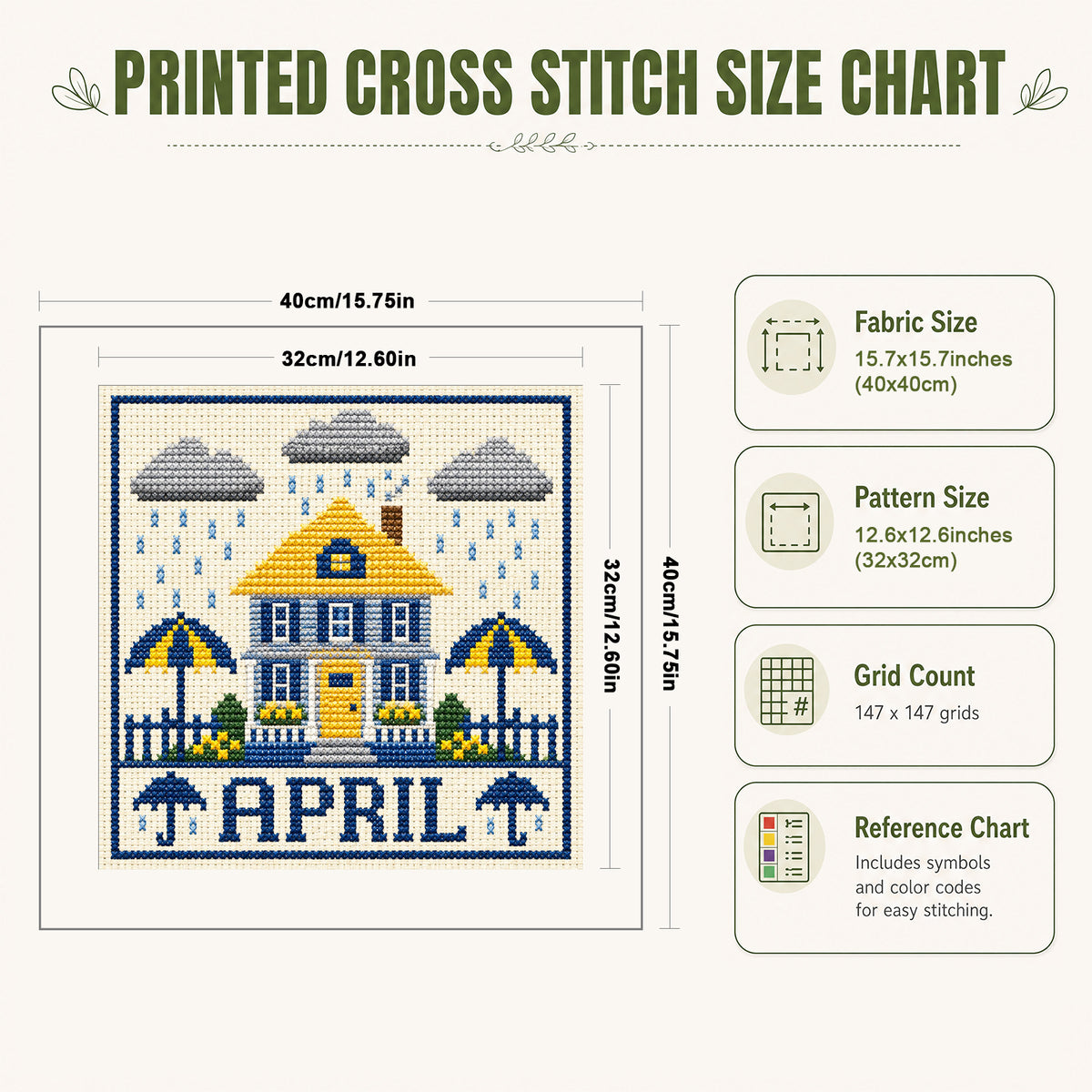 April Rainy Cottage – Komplettes 14CT gestempeltes Kreuzstich-Set 40x40CM – Huacan