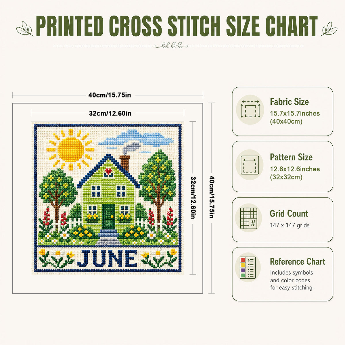 June Sunny Courtyard Cottage - Full 14CT Stamped Cross Stitch 40x40CM - Huacan