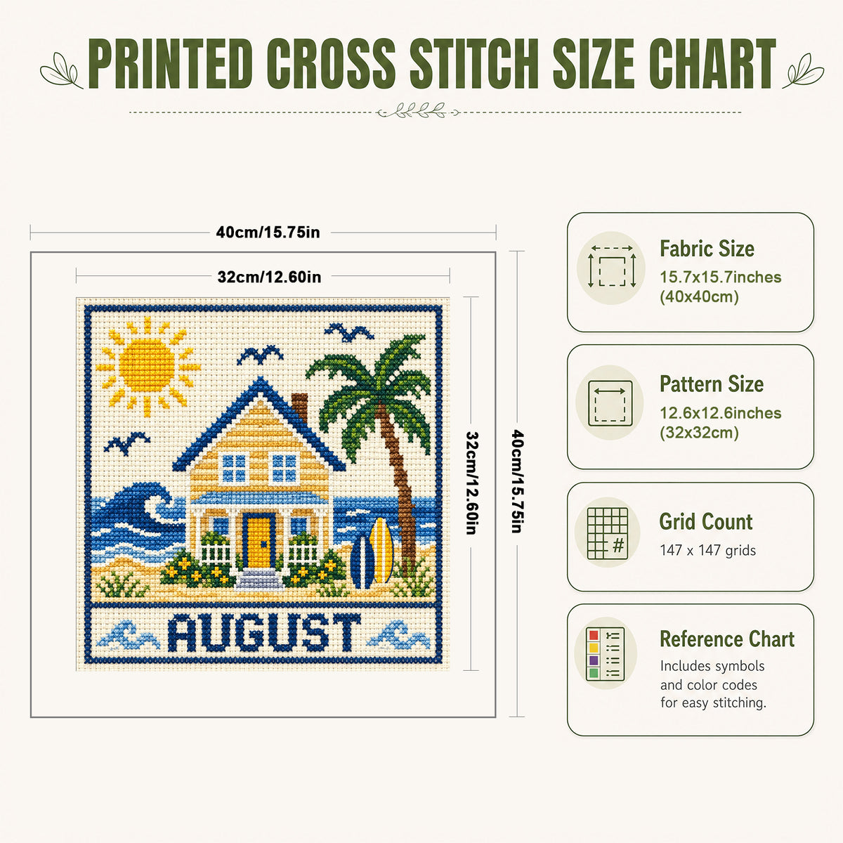 August Seaside Ferienhaus – Vollständiges 14CT Stempel-Kreuzstich-Set 40x40CM – Huacan