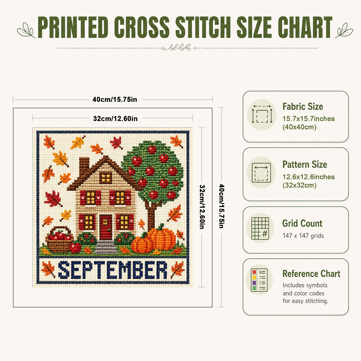September-Herbstblatt-Apfel-Cottage - Komplettes 14CT-Stempel-Kreuzstich-Set 40x40CM - Huacan