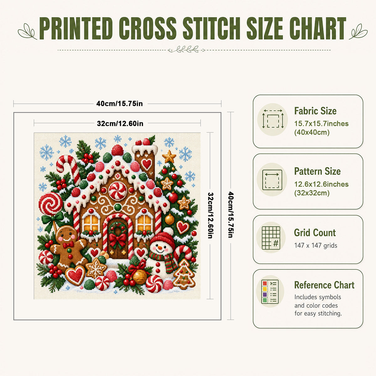 Weihnachts-Lebkuchenhaus – Vollständiges 14CT gestempeltes Kreuzstich-Set 40x40CM – Huacan
