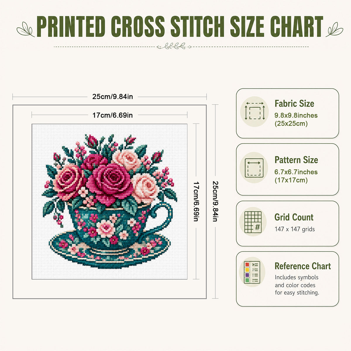 Dark Rose Cup - Full Stamped Cross Stitch 25x25CM - Huacan