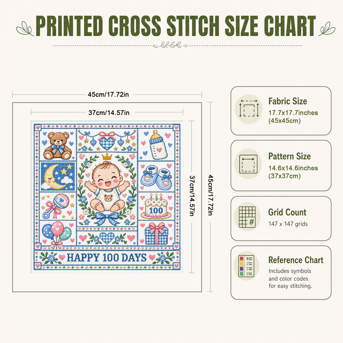 Baby 100 Days - Full 14CT Stamped Cross Stitch 45x45CM - Huacan