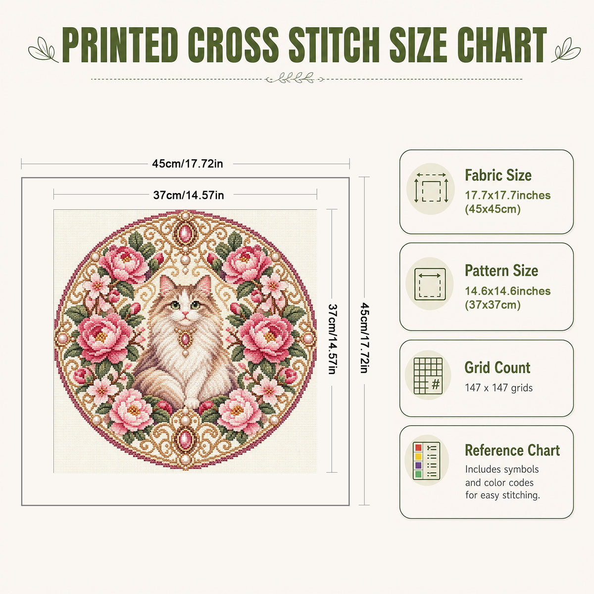 Peony Cat - Full 11CT Stamped Cross Stitch 45x45CM - Huacan