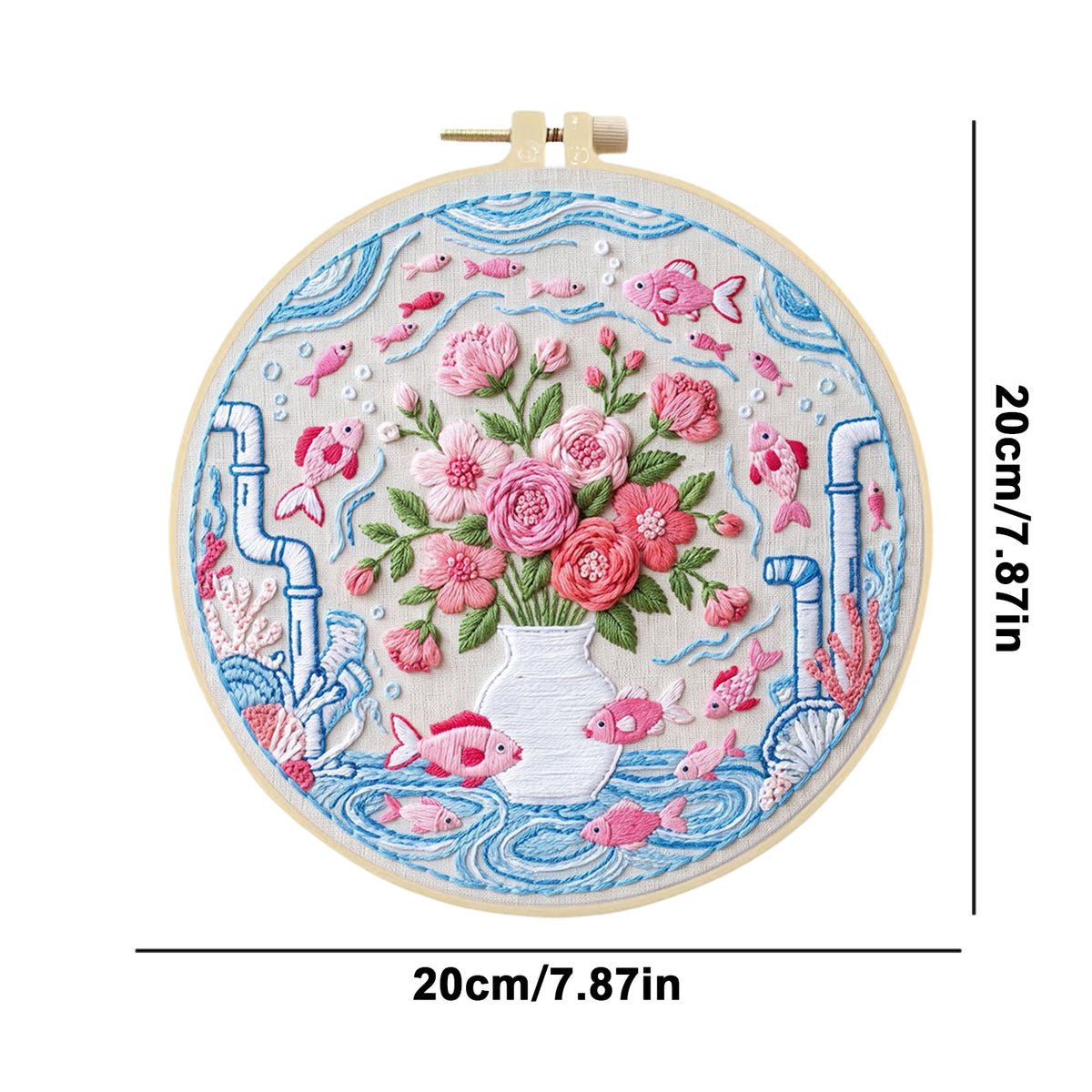 Flower Fish - DIY Embroidery Cross Stitch Kit with Pattern Cotton Threads Needles Hoop 30×30CM/11.81×11.81in