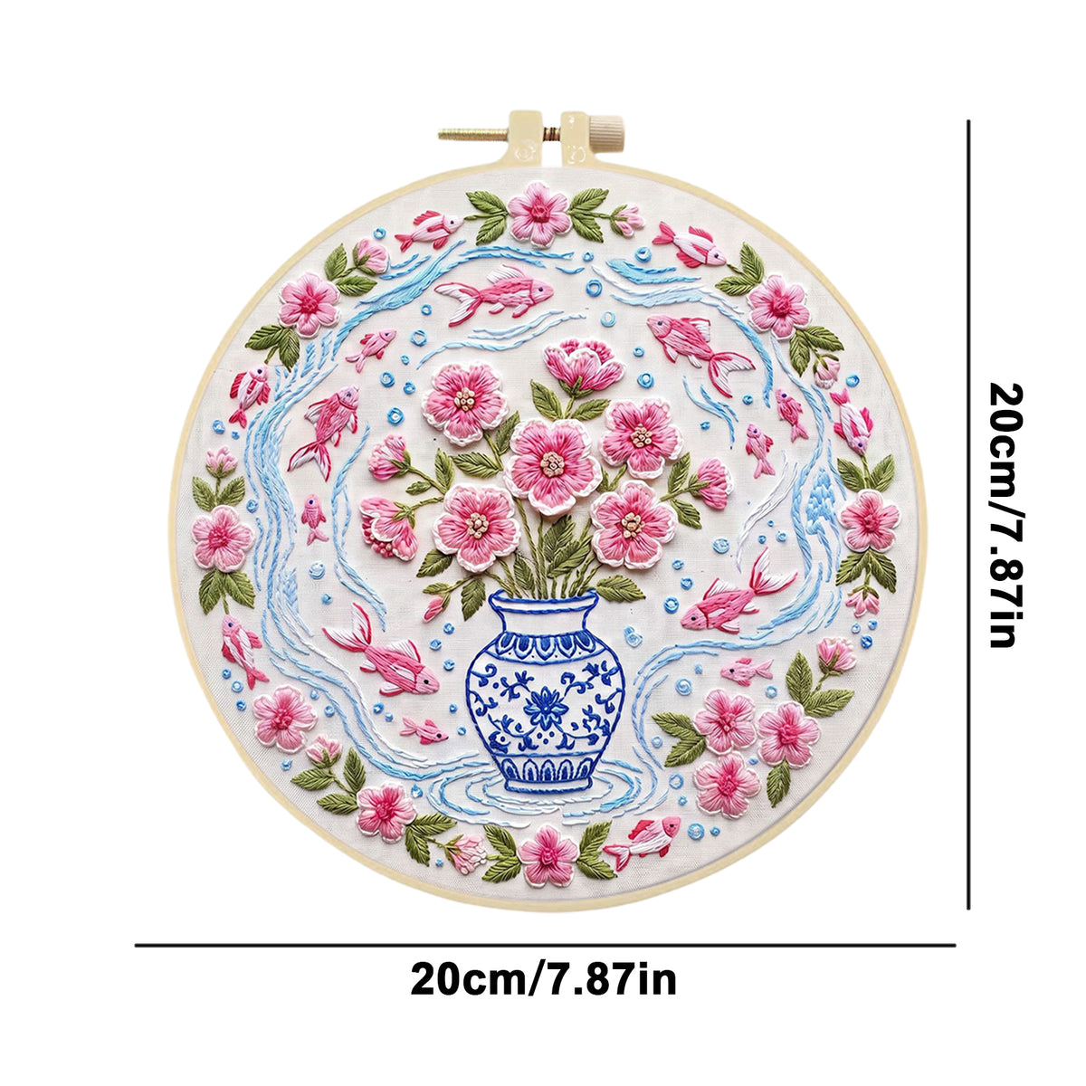 Vase Fishes - DIY Embroidery Cross Stitch Kit with Pattern Cotton Threads Needles Hoop 30×30CM/11.81×11.81in