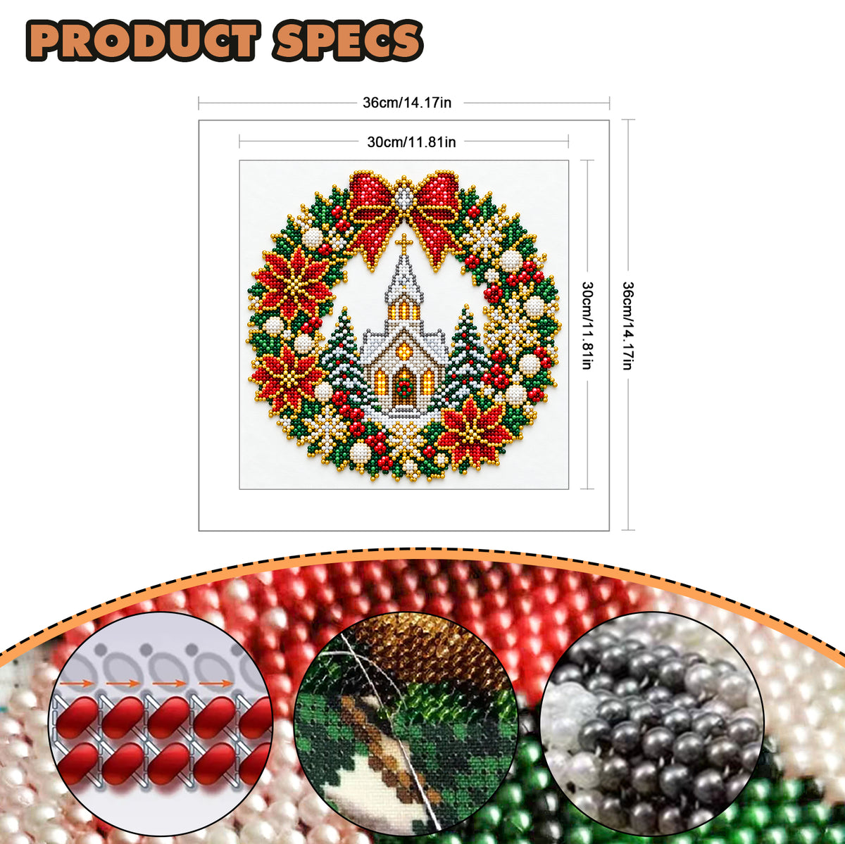 Church Wreath - Partial 11CT Stamped Cross Stitch - Bead Embroidery 36×36CM/14.17×14.17in