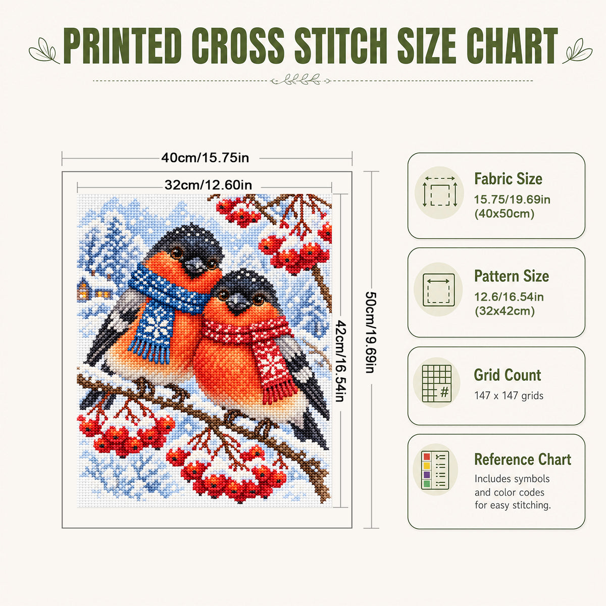 Bullfinch Duo - Full 11CT Stamped Cross Stitch 40x50CM - Yishu