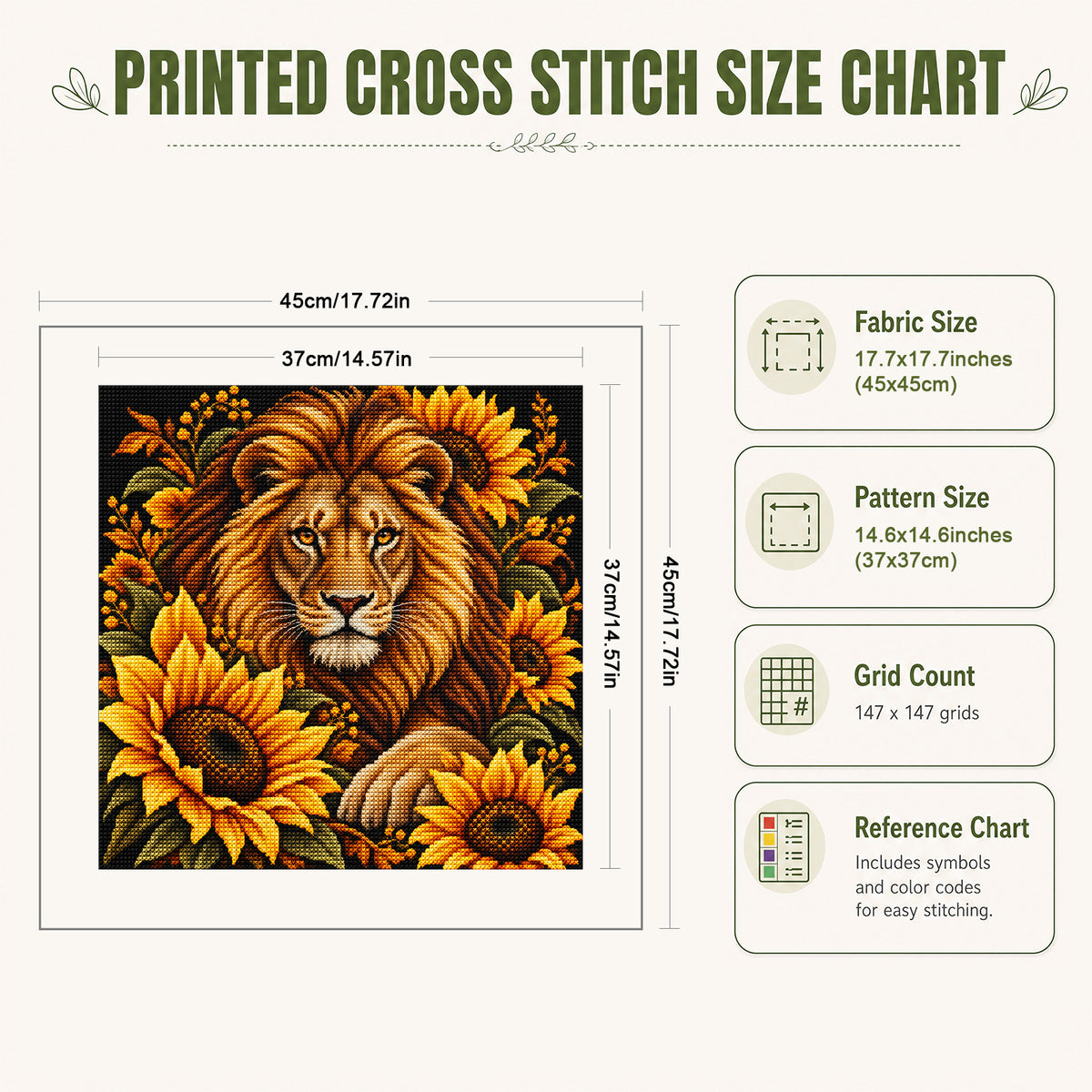 Sun Lion - Full 11CT Stamped Cross Stitch 45x45CM - Yishu