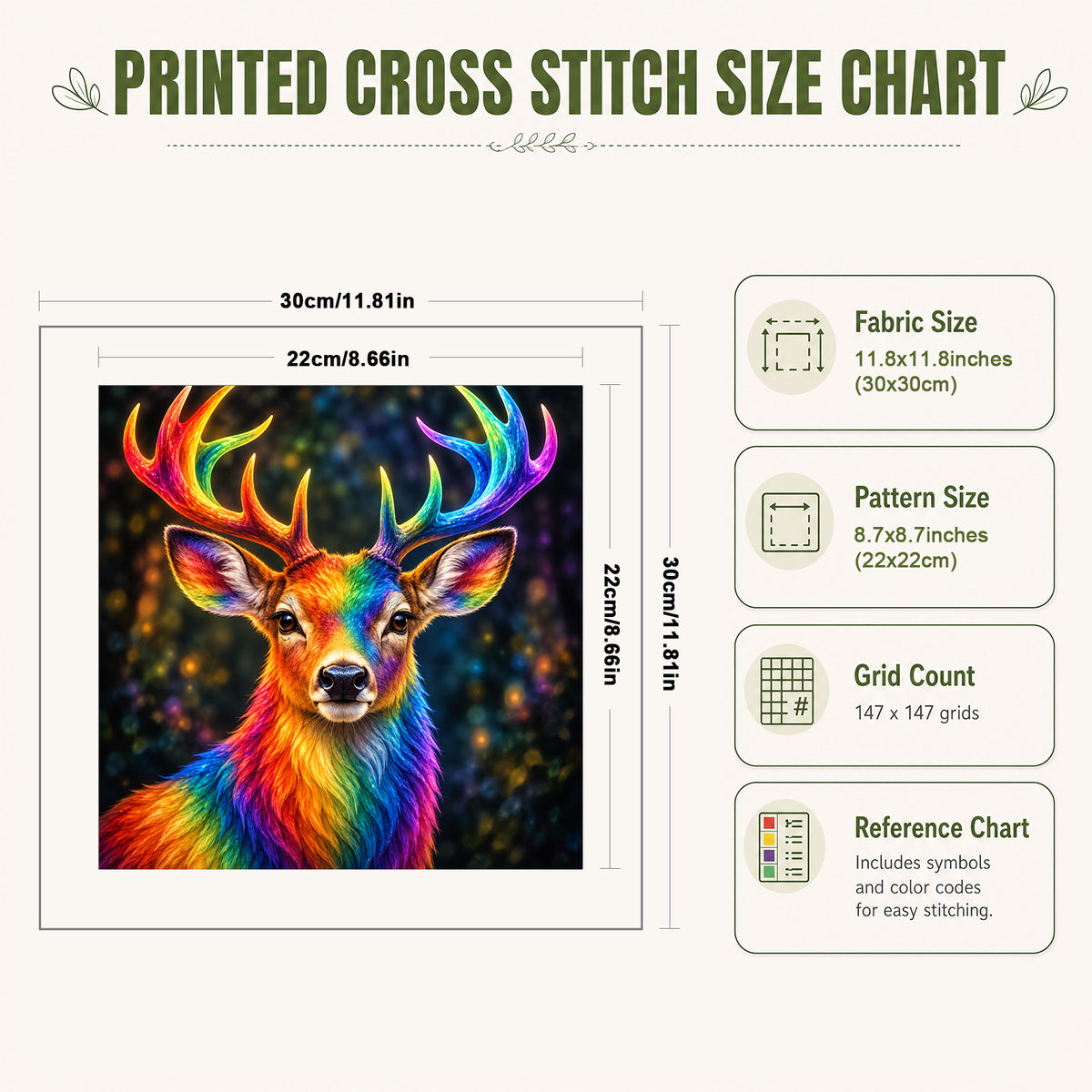 Rainbow Deer - Full 14CT Stamped Cross Stitch 30x30CM - Huacan