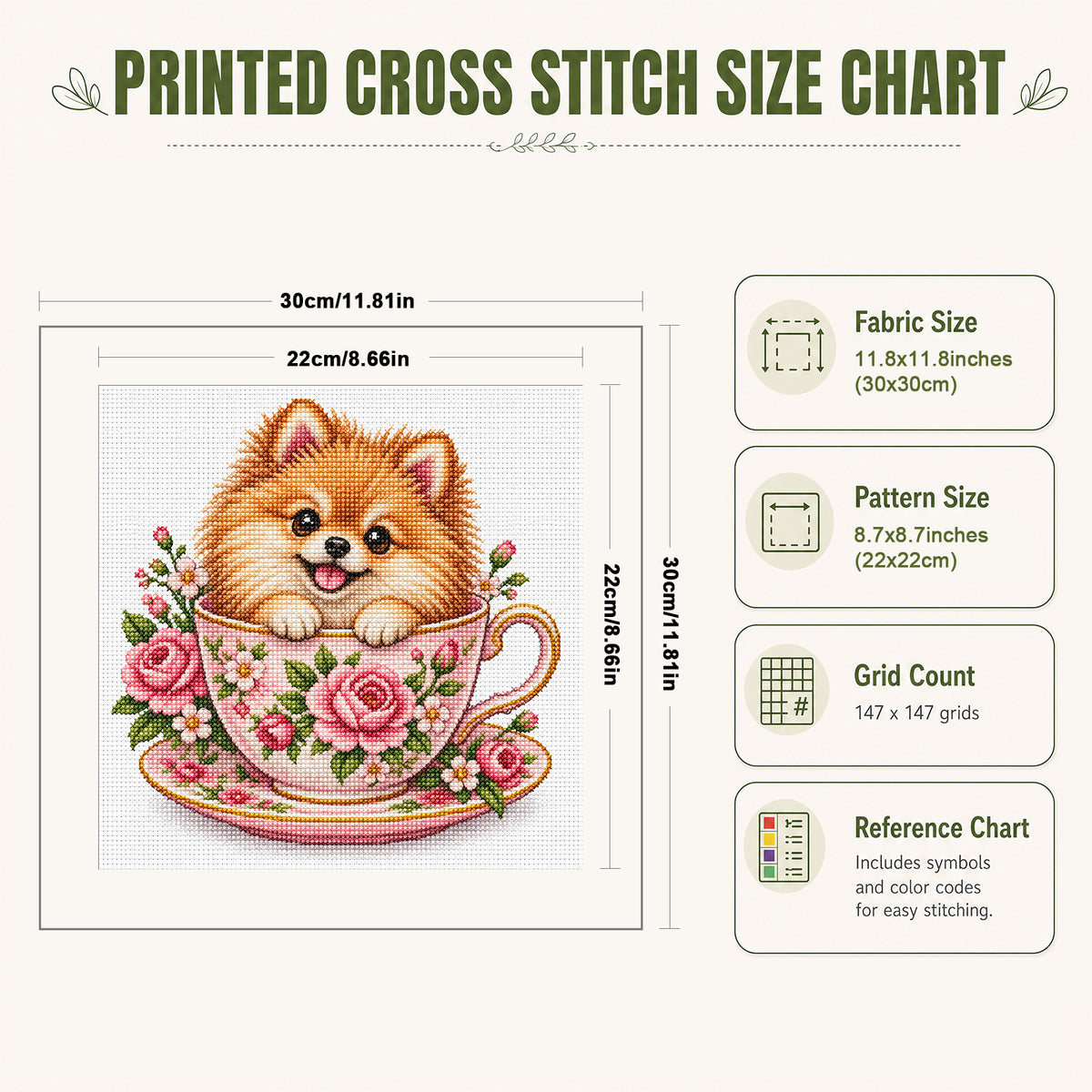 Rose Teacup Pomeranian-Dog - Full 14CT Stamped Cross Stitch 30x30CM - Huacan