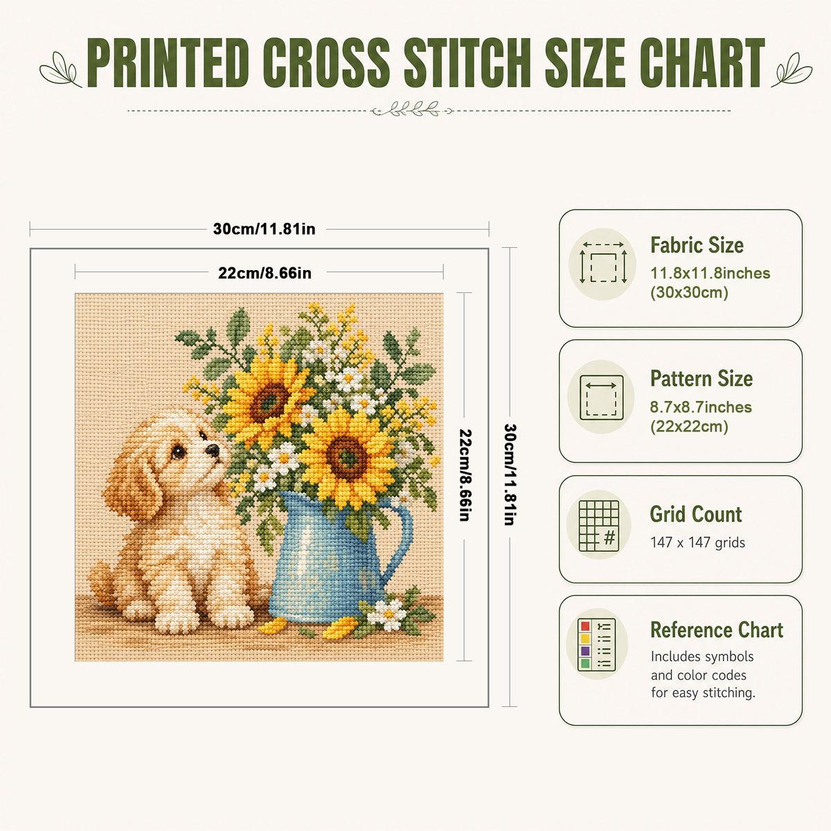 Welpen Sonnenblumen-Hund – Vollständiges 14CT gestempeltes Kreuzstich-Set 30x30CM – Huacan