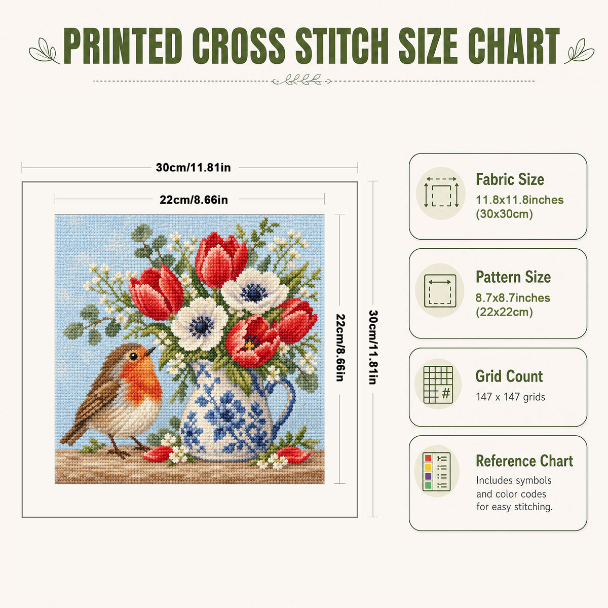 Robin Florals-Bird – Vollständiges 14CT-Stempel-Kreuzstichset 30x30CM – Huacan