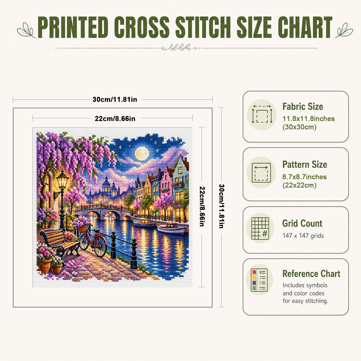 Moonlit Canal - Full 14CT Stamped Cross Stitch 30x30CM - Huacan