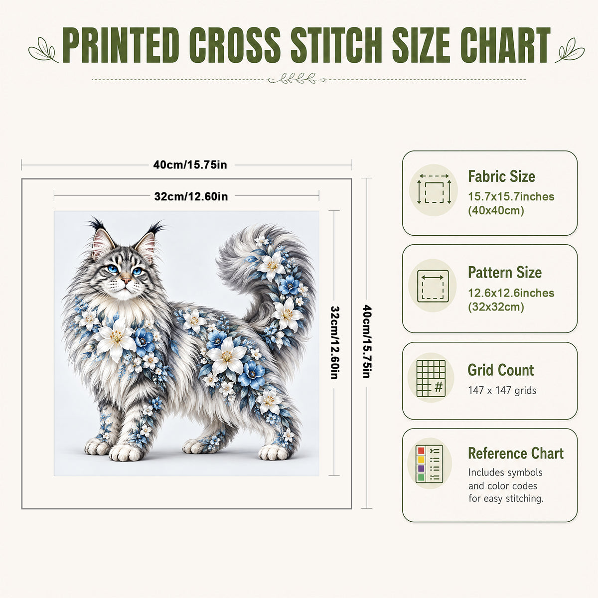 Blumige Maine-Coon-Katze - Vollständiges 14CT gestempeltes Kreuzstich-Set 40x40CM - Huacan